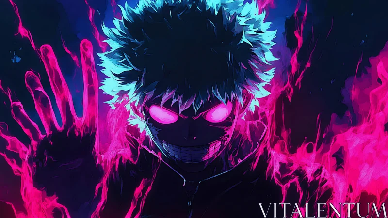 Glowing-eyed anime antihero unleashes neon pink flames.