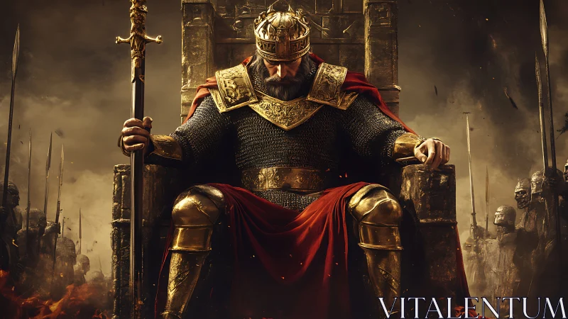 Armored warlord enthroned amid phalanx under embered skies.