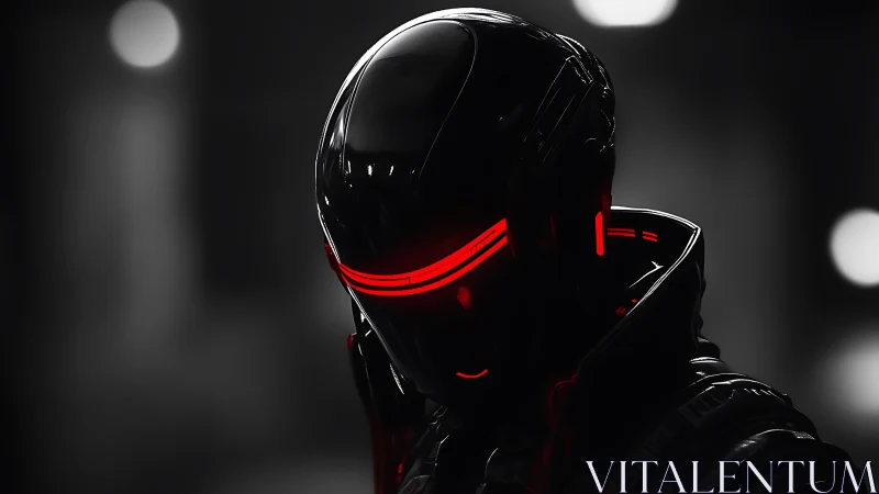 Cybernetic enforcer stalks neon alley in red visor glow.