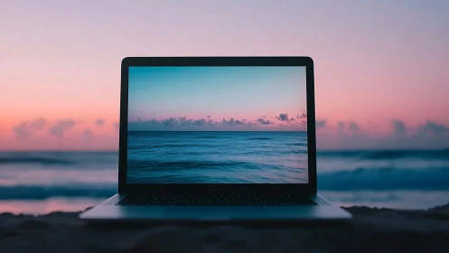 Laptop on beach sand showing calm ocean horizon at dusk.