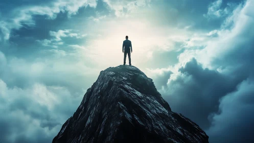 Solitary figure atop stormy peak in radiant backlight.