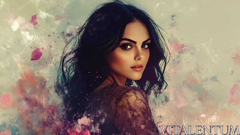 Digital portrait of brunette woman in painterly blooms.