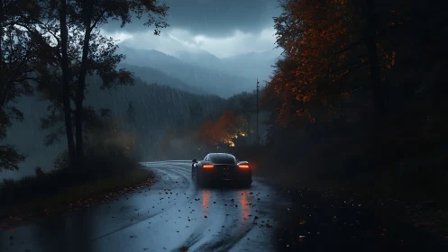 Sleek sports car gliding through a rainy mountain evening.