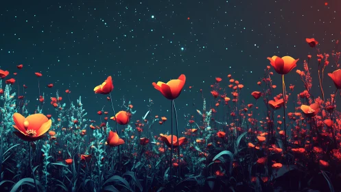 Luminous Tulips Bloom Under a Starry Night Sky