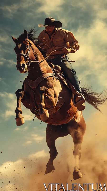 Cowboy drives leaping horse through dust and sunset sky.