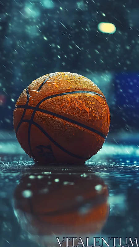 Wet basketball on reflective outdoor court in rainfall.
