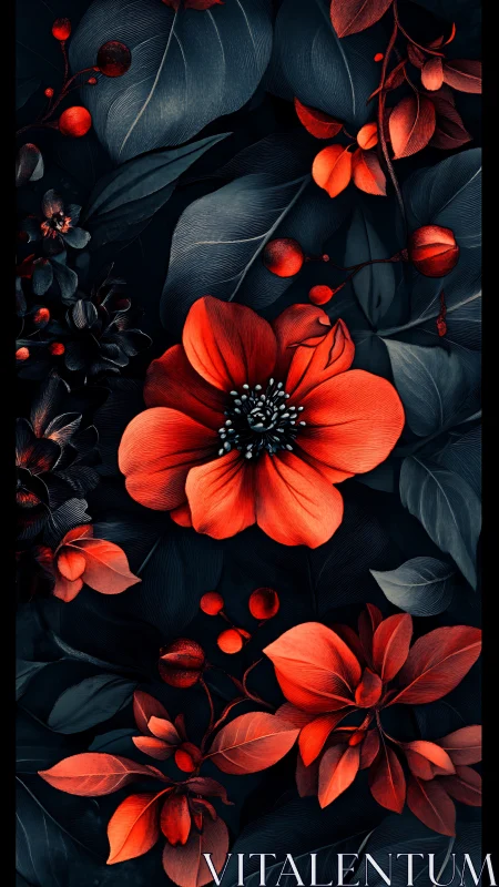 Luminescent floral composition with saturated red botanical elements against deep tonal dark backgro