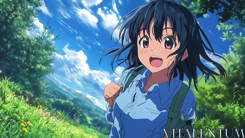 Sunlit hillside trek with wind‑swept anime hiker portrait.