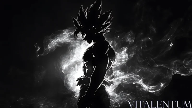 Silhouetted warrior outlined in white energy plume glow.