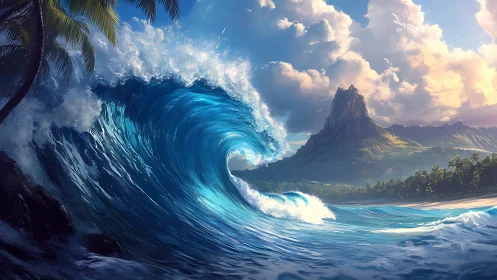 Sunlit island peak and curling turquoise ocean wave.