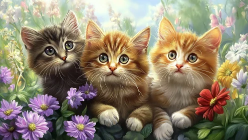 Three young cats positioned in flowering garden setting with varied coat coloration.