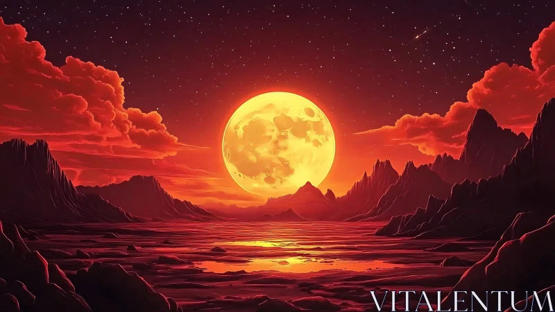 Crimson alien seascape under colossal molten moon glow.