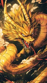 Golden dragon coils through stormlit sky with fierce grace