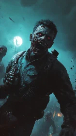 Armored zombie advances under cyan moonlit battlefield haze