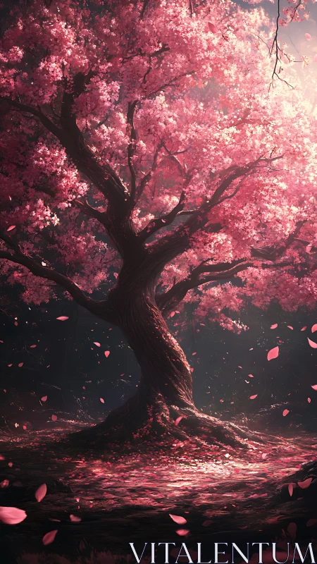 Solitary cherry blossom tree rendered in dramatic digital chiaroscuro