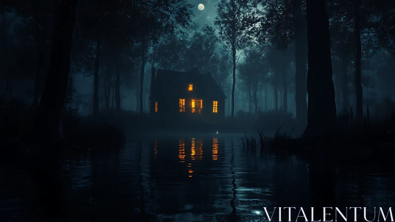 Moonlit forest cabin glows over a misty reflective lake.