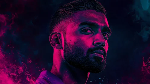 Neon duotone male portrait with intense side gaze.