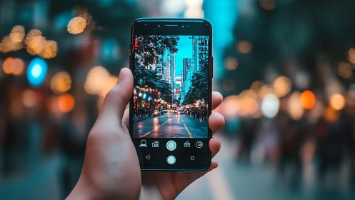 Smartphone capturing colorful city street at night scene.
