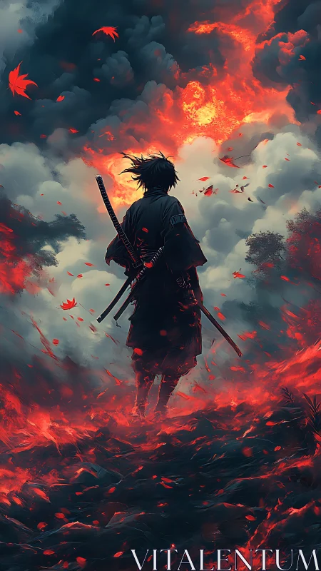 Lone samurai silhouette advances through infernal crimson storm