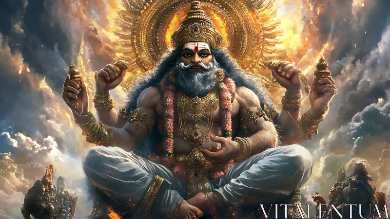 Thundercloud sage god seated in blazing celestial bloom.