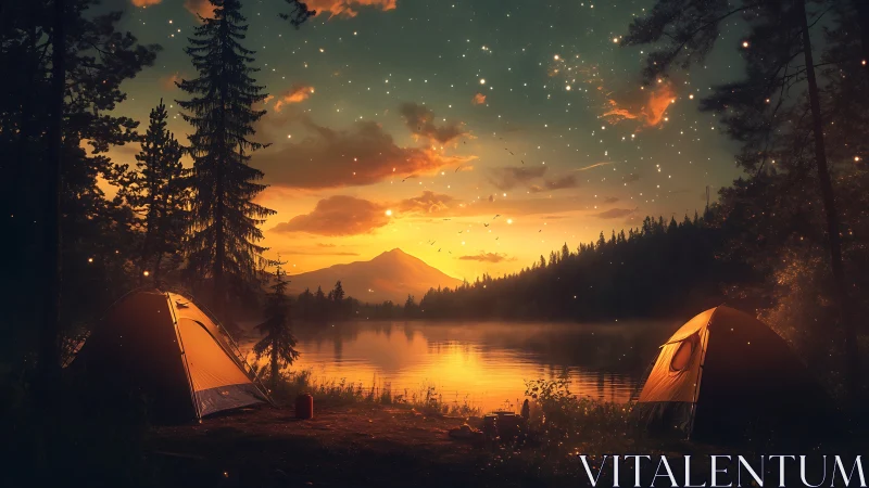 Lakeside tents glow under dusk sky beside misty mountain lake