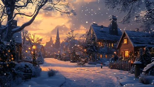 Snowy village street under warm golden winter sunset glow