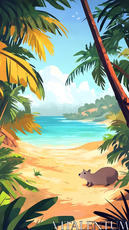 Capybara quietly claims a sunlit tropical beach kingdom