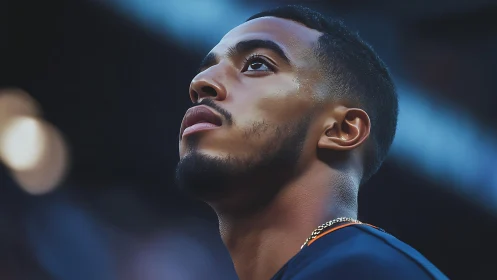 Focused young athlete gazes upward under stadium lights