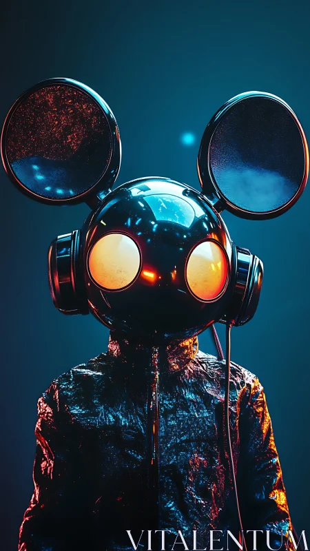 Futuristic mouse-helmet DJ figure in neon rim lighting.