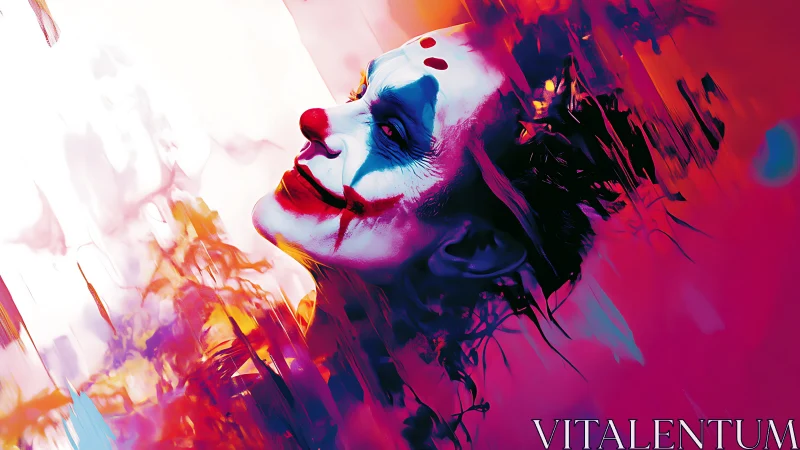 Neon clown portrait dissolving into abstract motion blur.