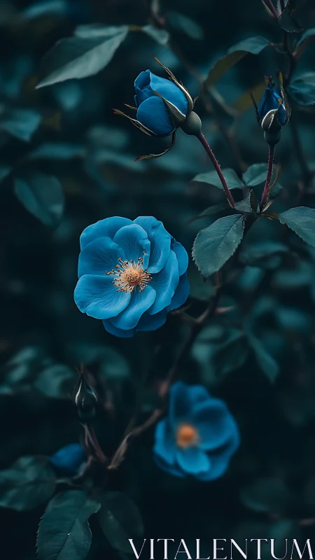 Blue Rose Blooms and Buds in Twilight Garden.