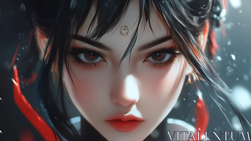 Hyper-detailed anime portrait of stoic warrior woman in snow