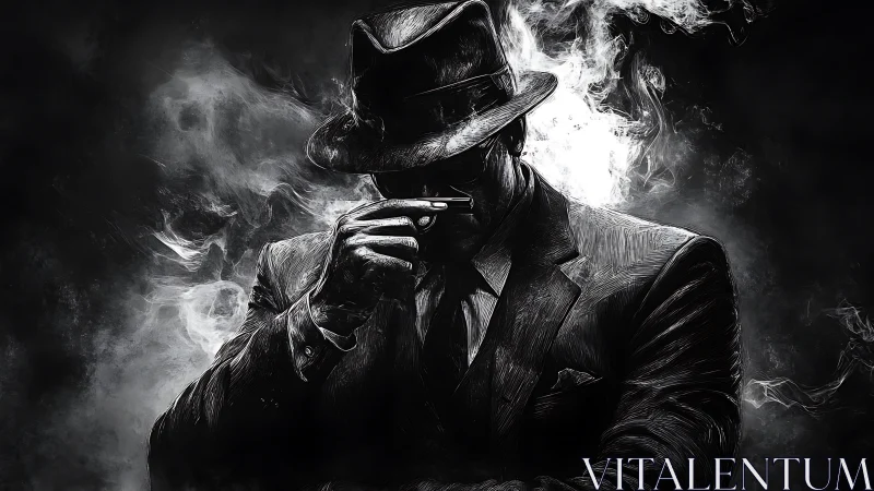 Shadowed noir detective smokes in swirling monochrome fog