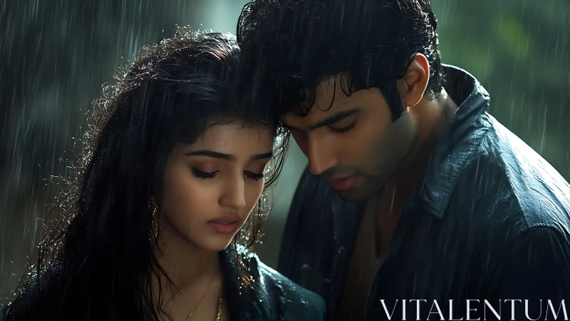 Two figures positioned closely in rainfall environment