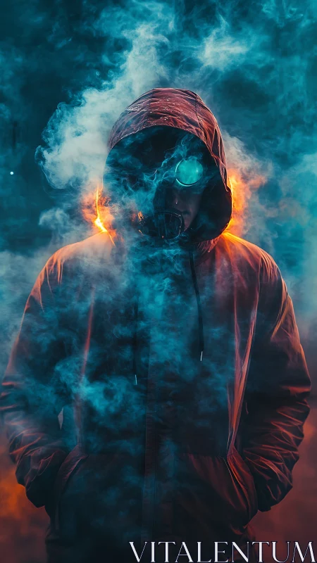 Hooded figure in neon smoke with glowing cyber visor.