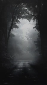 Misty Forest Canopy Silhouettes with Wet Road Surface