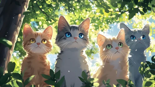 Four Animated Cats in Sunlit Foliage.