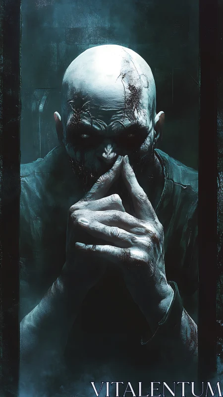 Sinister bald figure brooding in cold cinematic gloom.