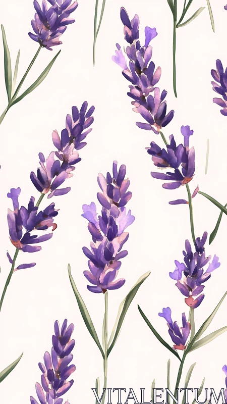 Lavender flower stems with purple blooms on cream background