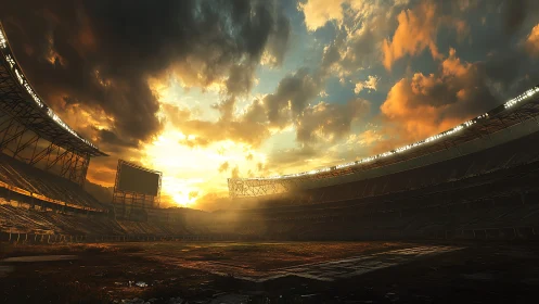 Empty open-air stadium under dense sunset cloud cover.