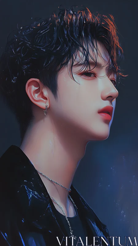 Side-lit wet portrait renders reflective skin and hair detail