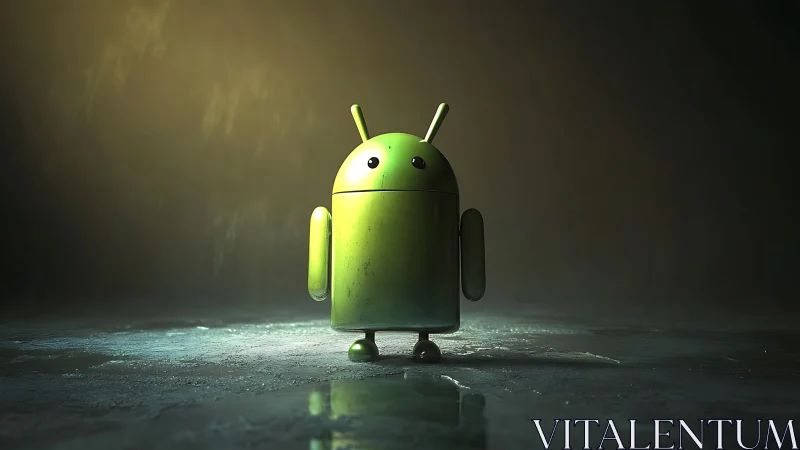 Green android robot standing in moody spotlighted space.