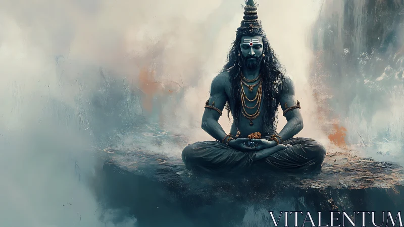 Mythic ascetic yogi levitating on mist-laden cliff plateau.