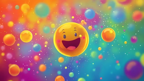 Joyful smiling bubble drifts through a bright rainbow sky