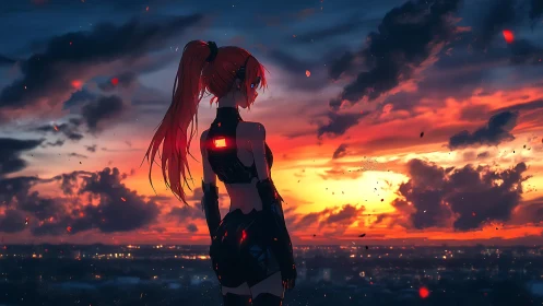 Cybernetic girl contemplates a burning neon sunset skyline.