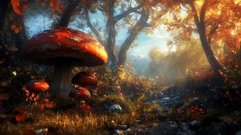 Digital painting of luminous forest toadstools in autumn light.