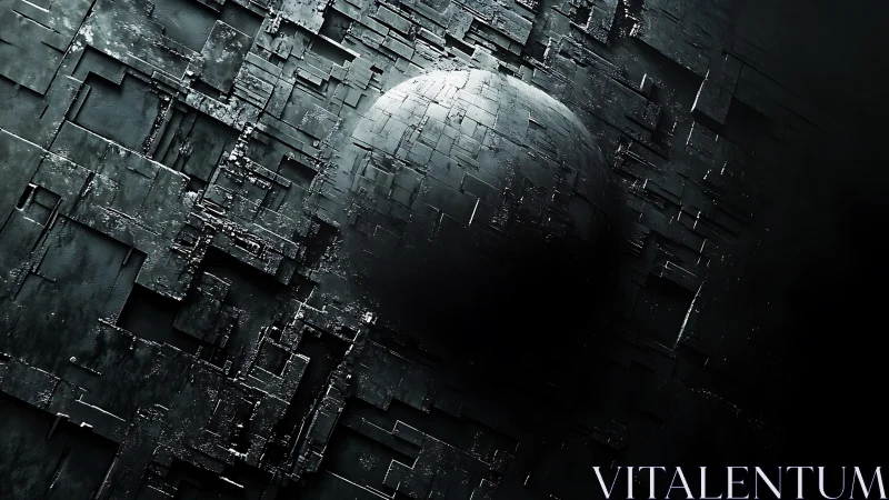 Monolithic dark sphere embedded in fractured metallic wall.