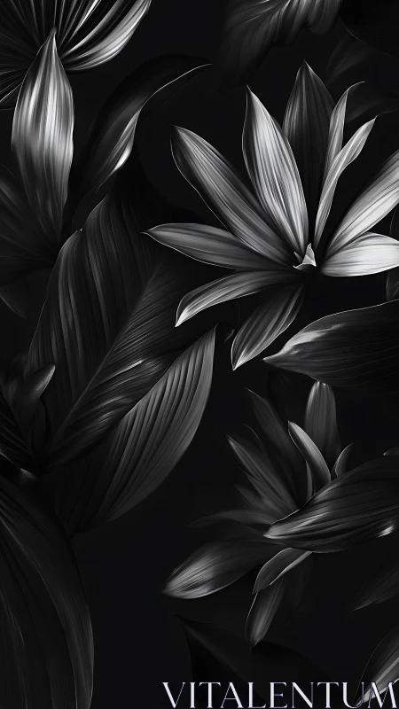 Monochrome tropical foliage pattern on black background.