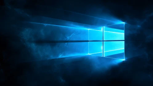 Glowing blue window portal drifting in soft digital mist.