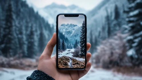 Smartphone frames crisp alpine valley under fresh winter snow.
